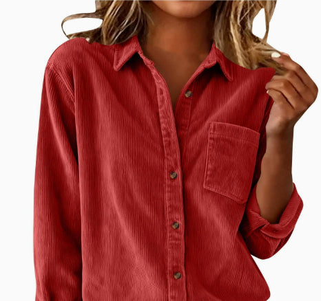 Corduroy Casual Loose Thick Shirt With Striped Turn-Down Collar And Long Sleeves