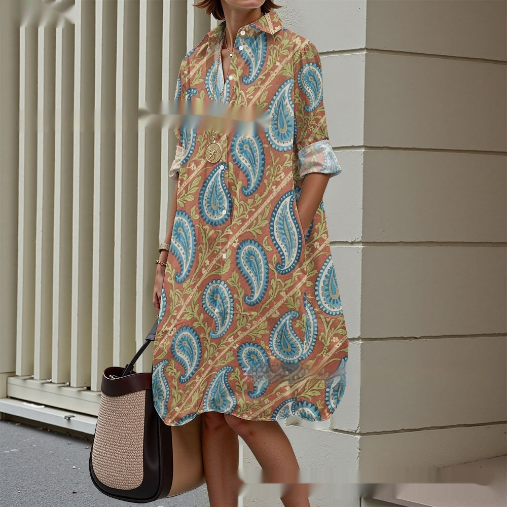 Creative Floral Art Print Long Sleeve Shirt Dress