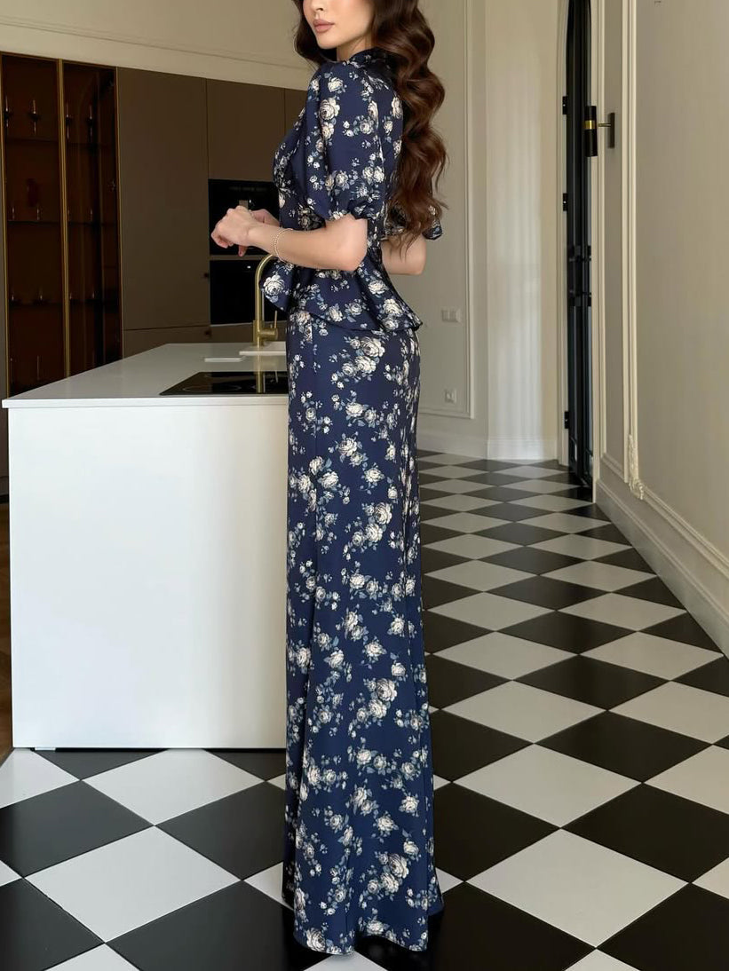 Navy Floral Print Mandarin Collar Puff Sleeve Ruffle Waist Slim Maxi Dress