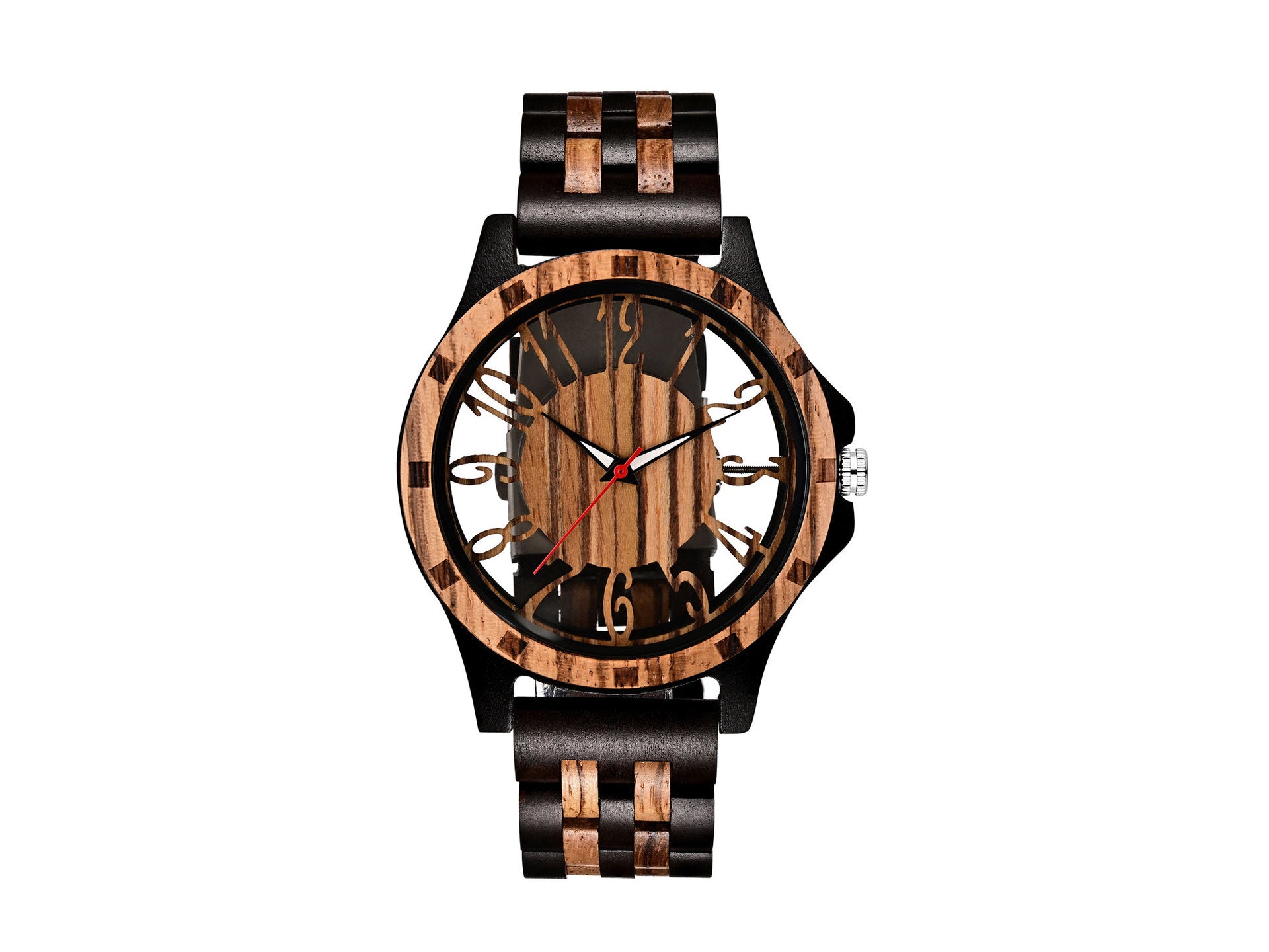 Engraved Walnut Wood Leather-Strap Quartz Watch