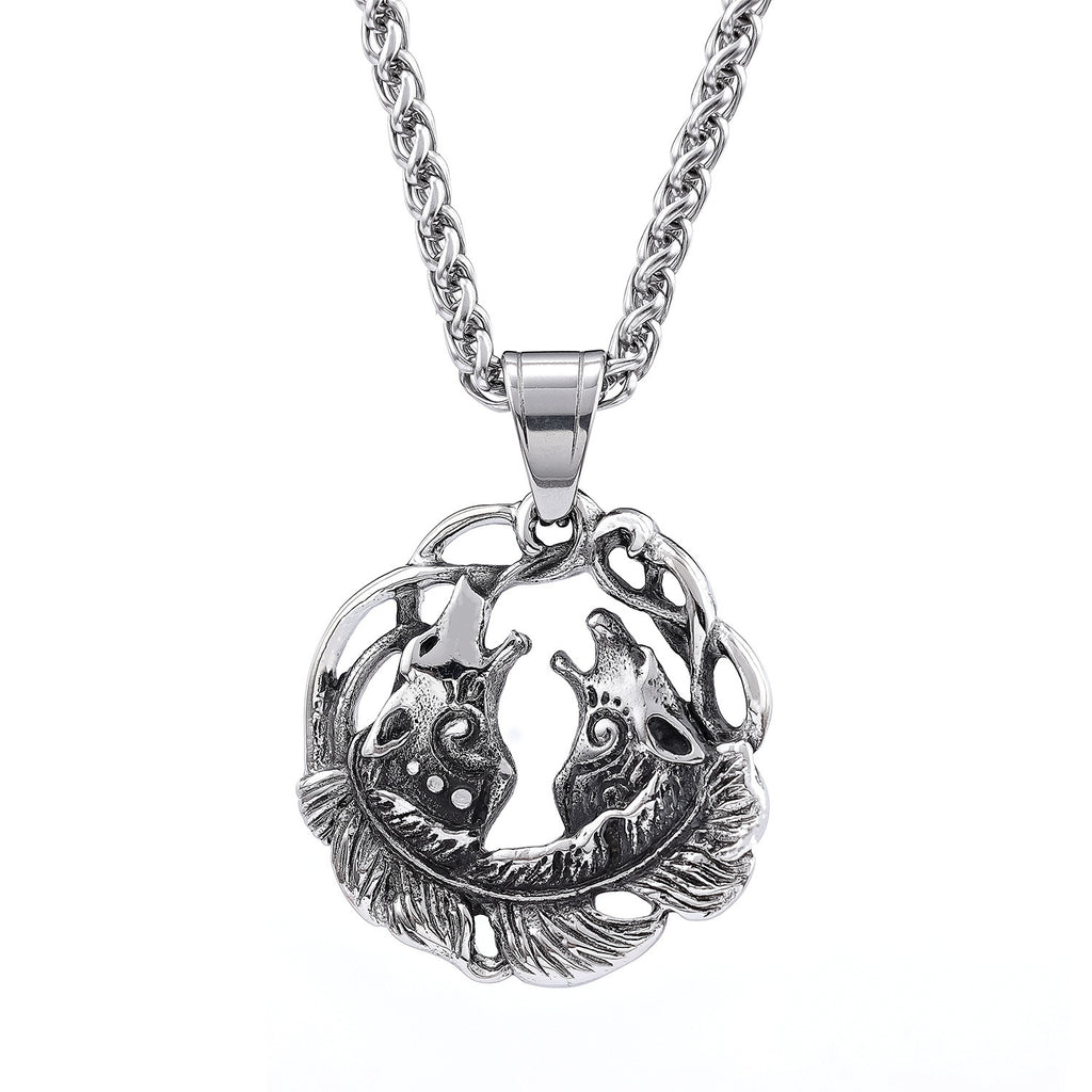 Double Wolf Head Pendant In Titanium Steel Retro And Fashionable
