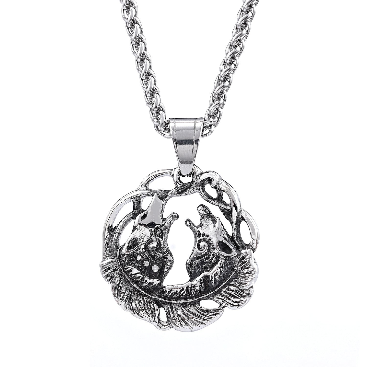 Double Wolf Head Pendant In Titanium Steel Retro And Fashionable