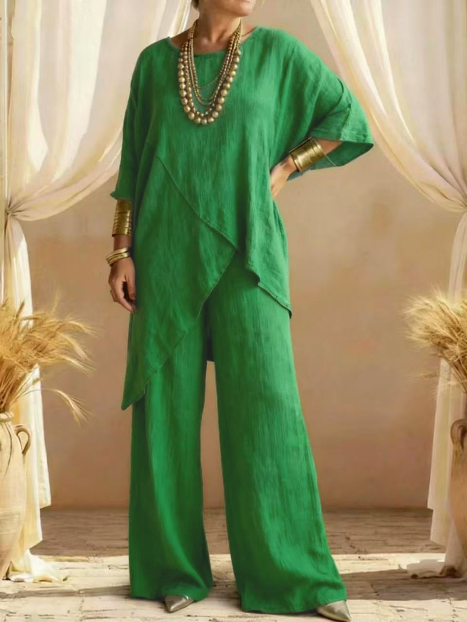 Womens Cotton-linen Crew-neck Loose Casual Two-piece Set