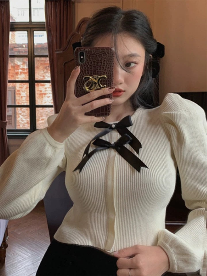 French Chic Crew-Neck Top With Bow Detail Pullover Style