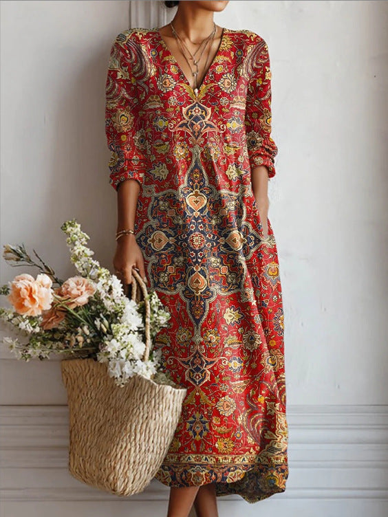 Stylish And Elegant EuropeanAmerican Printed V-neck Maxi Dress