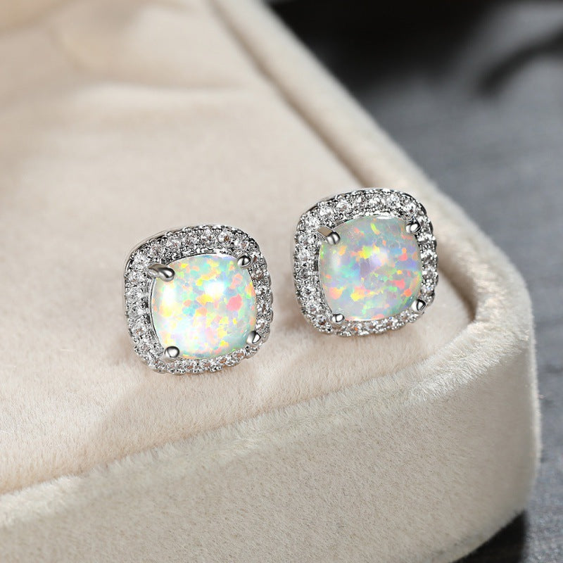 Platinum White Australian Opal Four-Prong Square Spiral Earrings