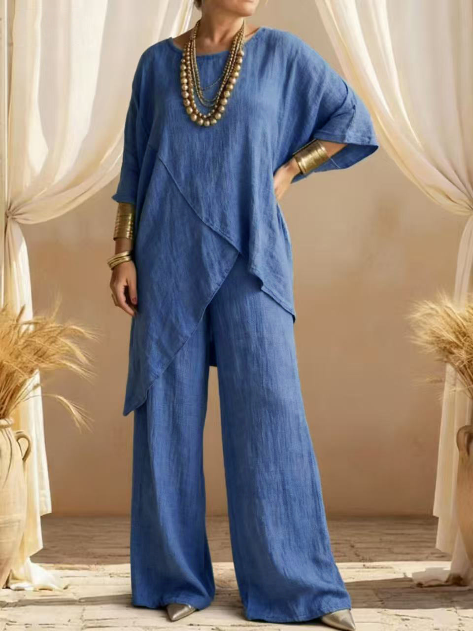 Womens Cotton-linen Crew-neck Loose Casual Two-piece Set