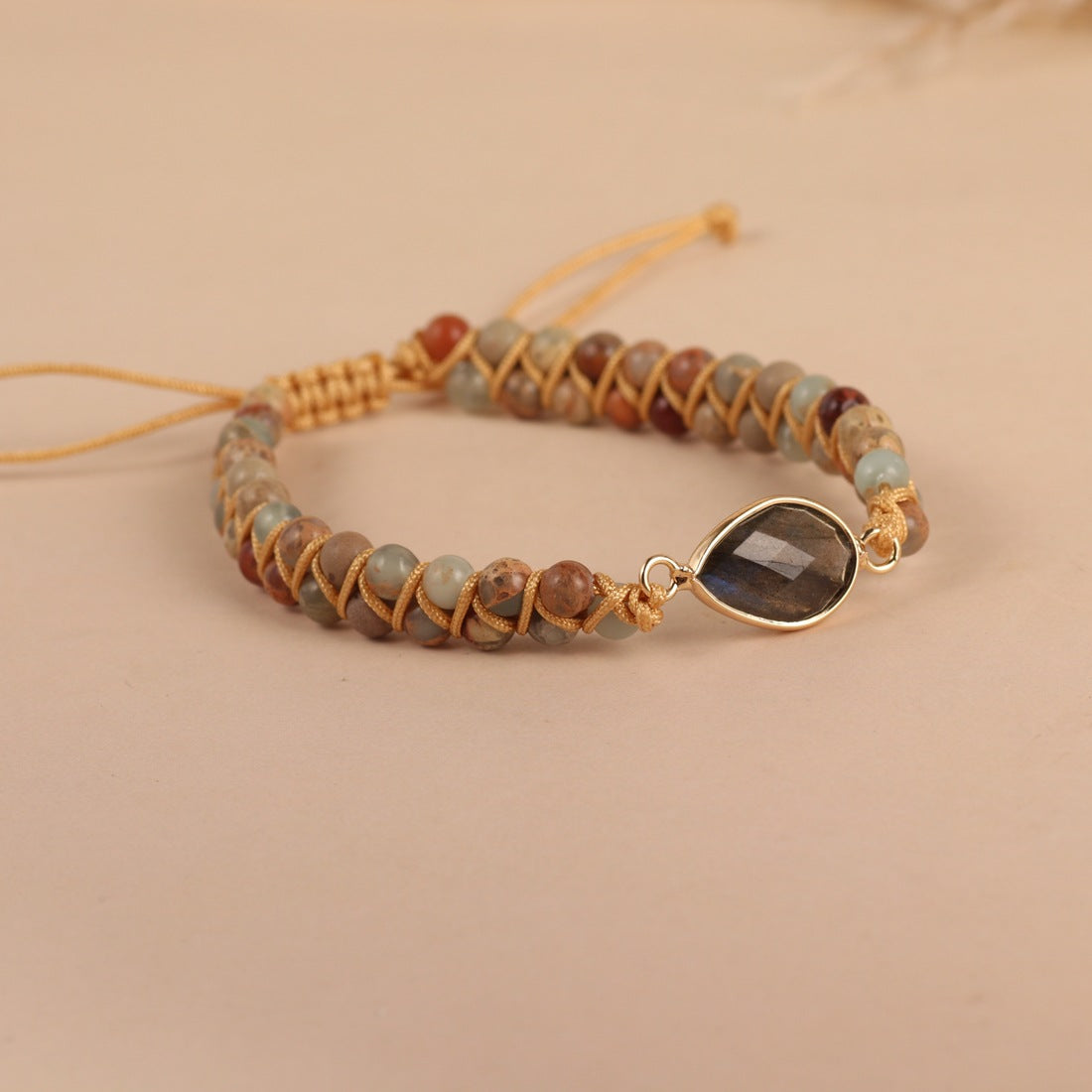 Elongated Stone Droplet Shaped Pendant Shoushan Stone Round Bead Double-layer String Woven Bracelet