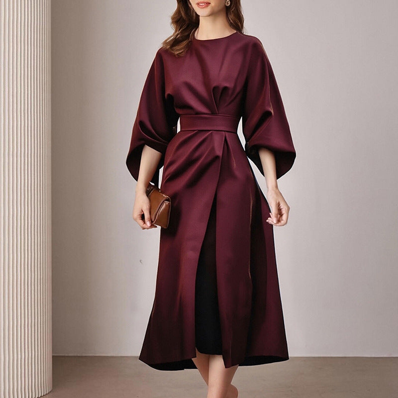 Fashionable Casual Everyday Commuter Solid-color Crew-neck Lace-up Dress