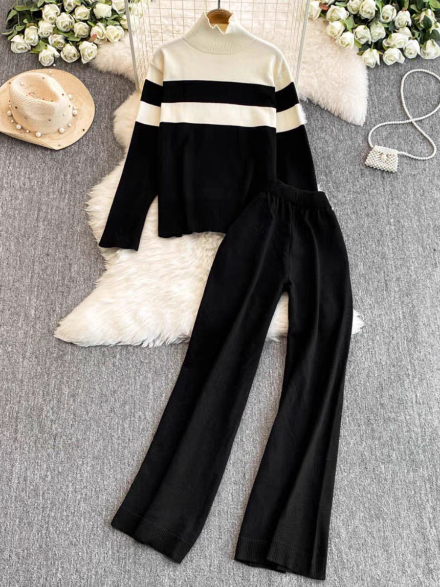 Casual Knitted Long Sleeve Wide Leg Pants Set