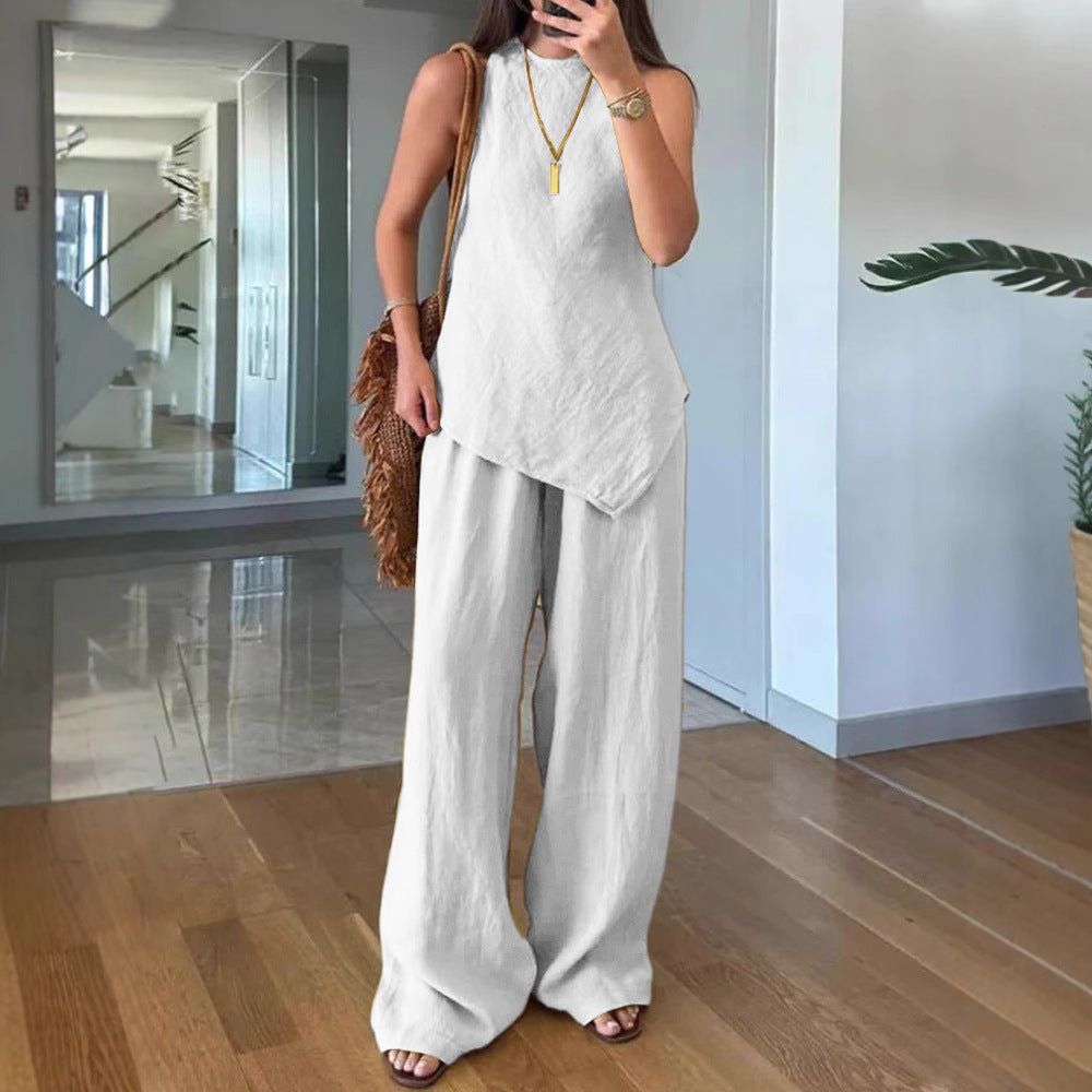 Casual Crew-Neck Pullover Sleeveless Pants With Pockets Cozy Two-Piece Set