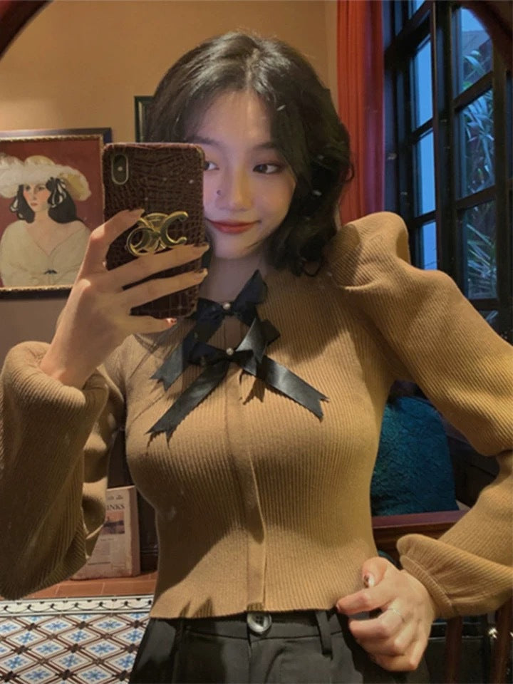 French Chic Crew-Neck Top With Bow Detail Pullover Style