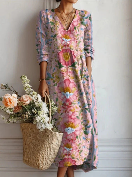 Stylish And Elegant EuropeanAmerican Printed V-neck Maxi Dress