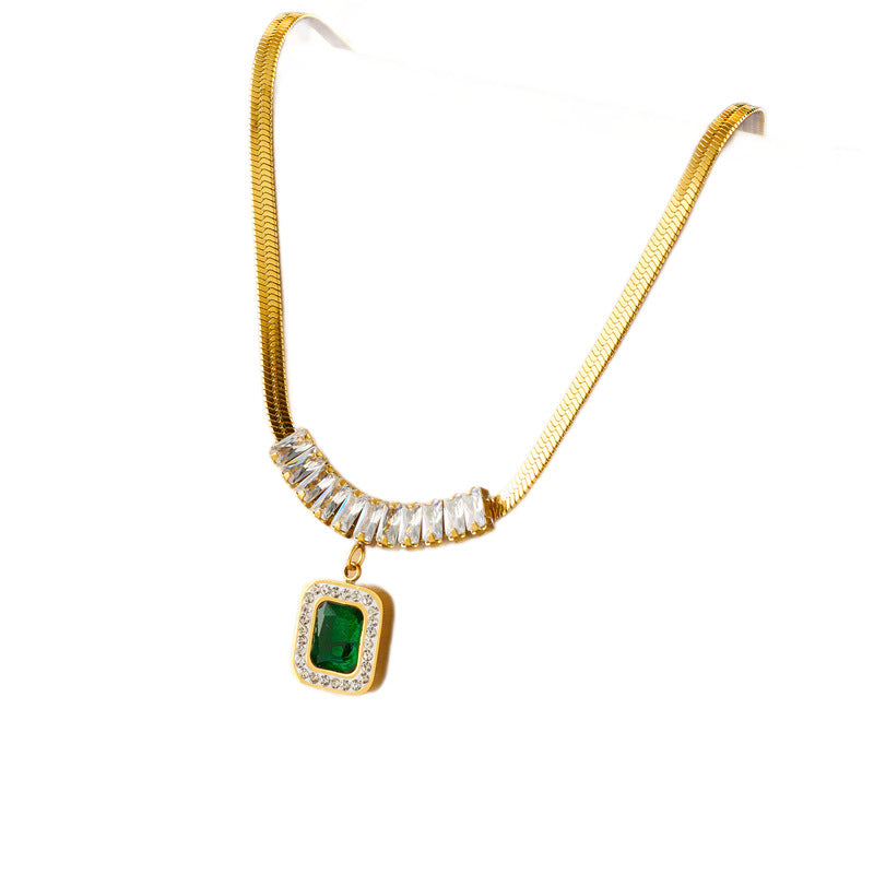 Fashionable Light-Luxury Emerald Pendant Necklace And Bracelet In Titanium Steel