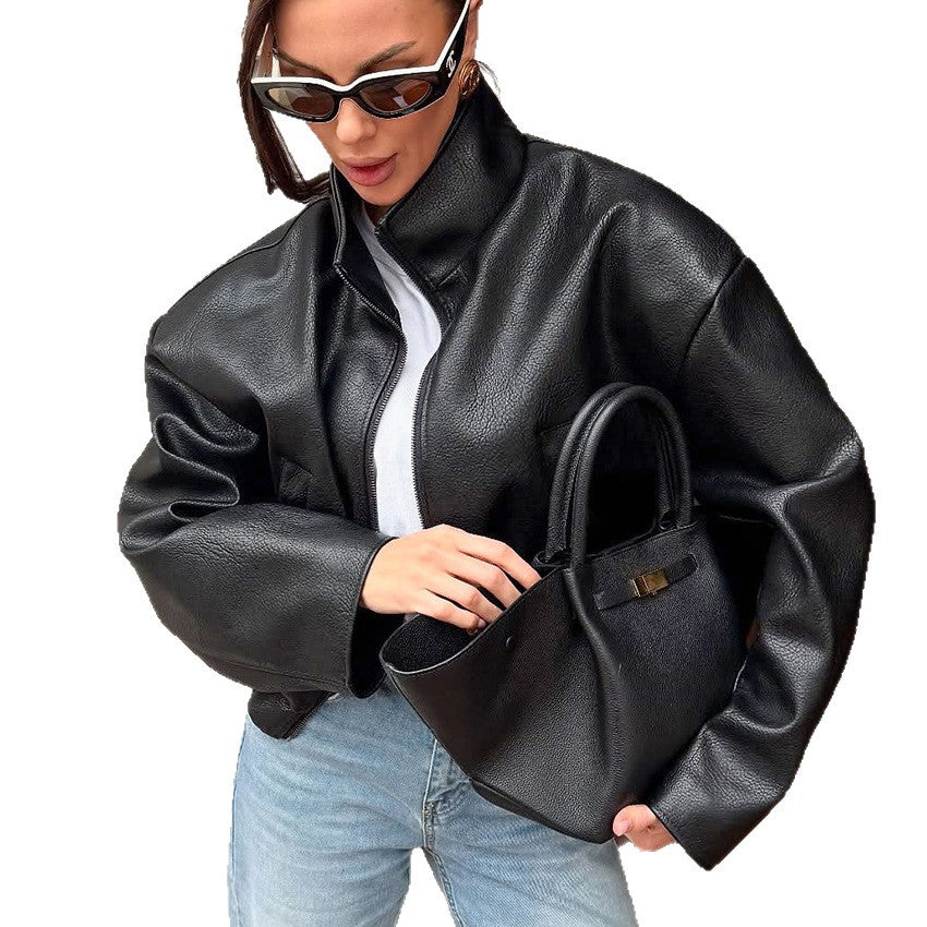 Black Loose-fitting PU Leather Jacket