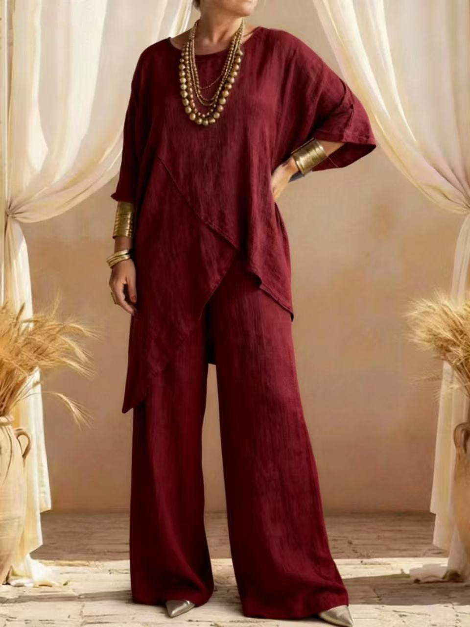 Womens Cotton-linen Crew-neck Loose Casual Two-piece Set