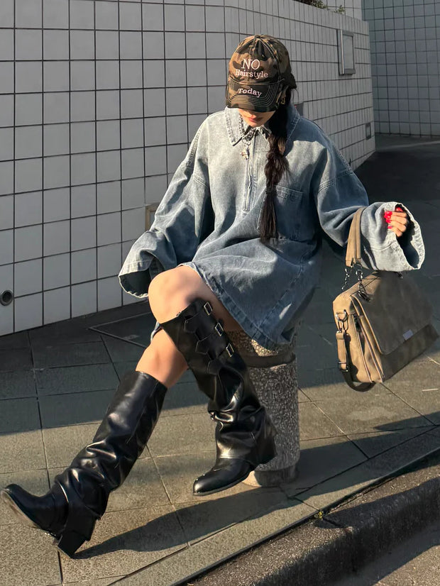 Light Blue Vintage Washed Denim Oversized Polo Dress