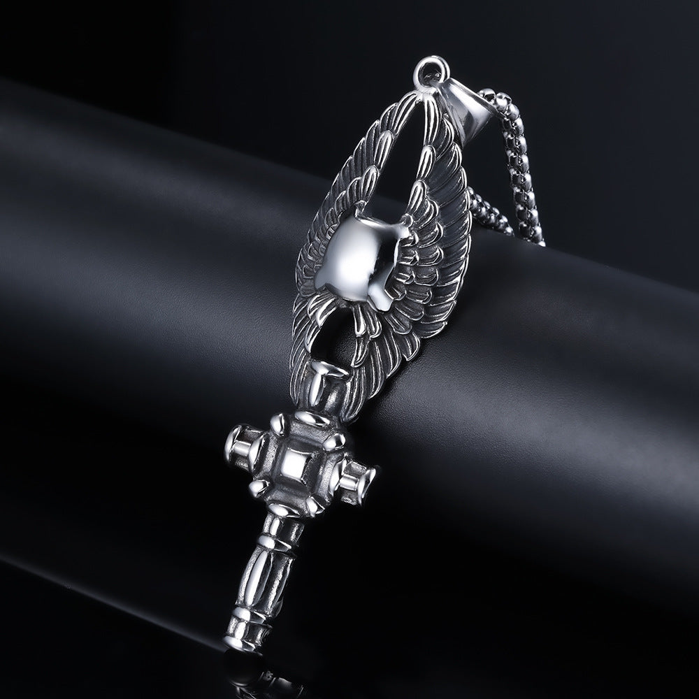 Relief Angel Wings Cross Titanium Steel Pendant