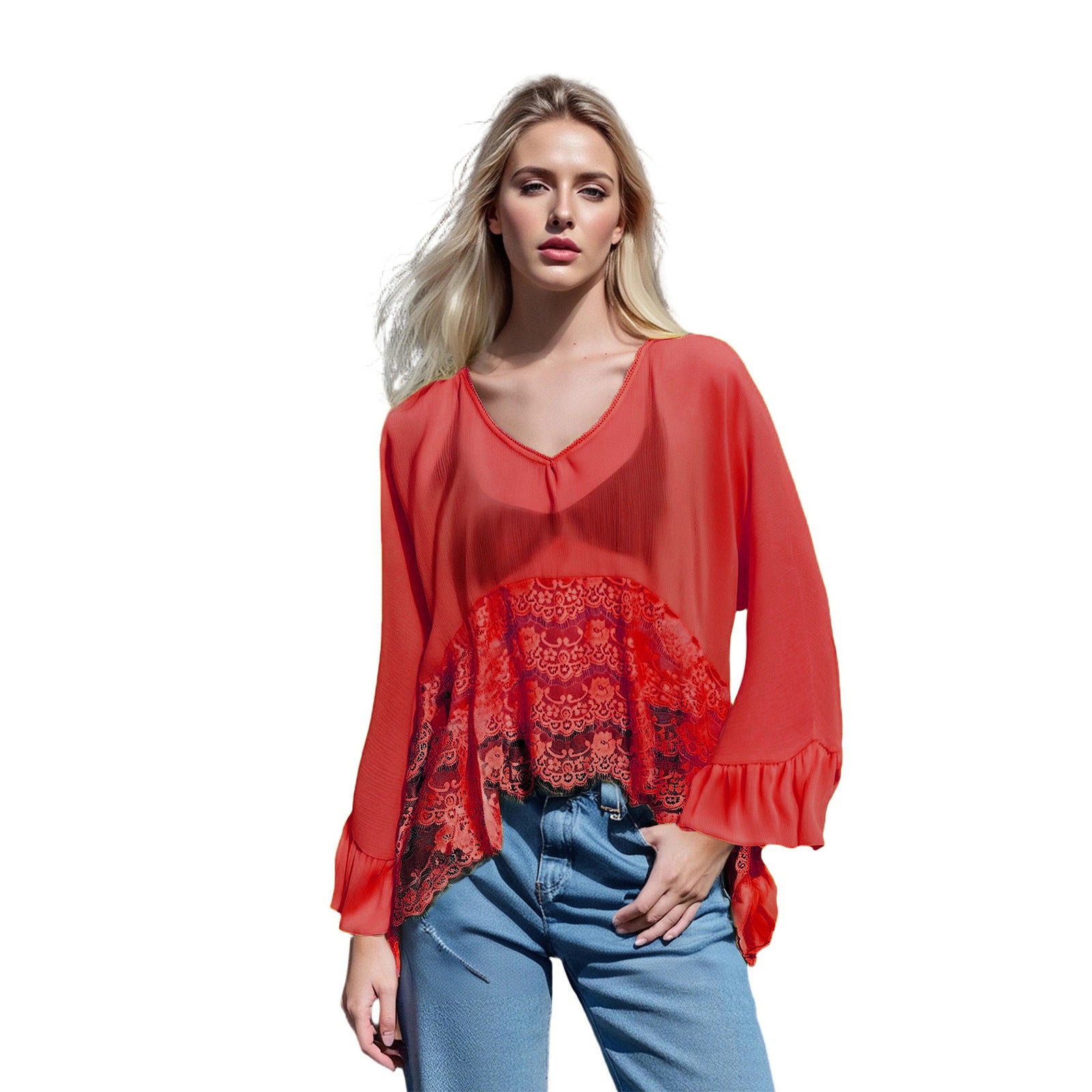 Womens Mesh Blouse With Batwing Sleeves Loose-Fit Beach Sun-Protective Top Patchwork Lace Blouse