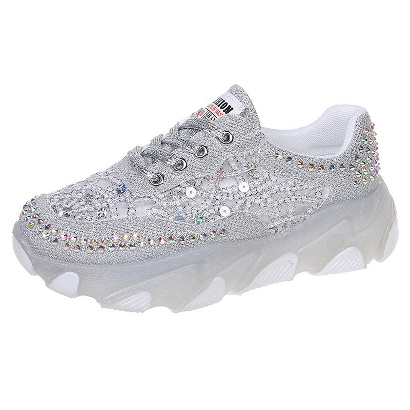 Womens Breathable Mesh Rhinestone Chunky-soled Trendy Dad Shoes