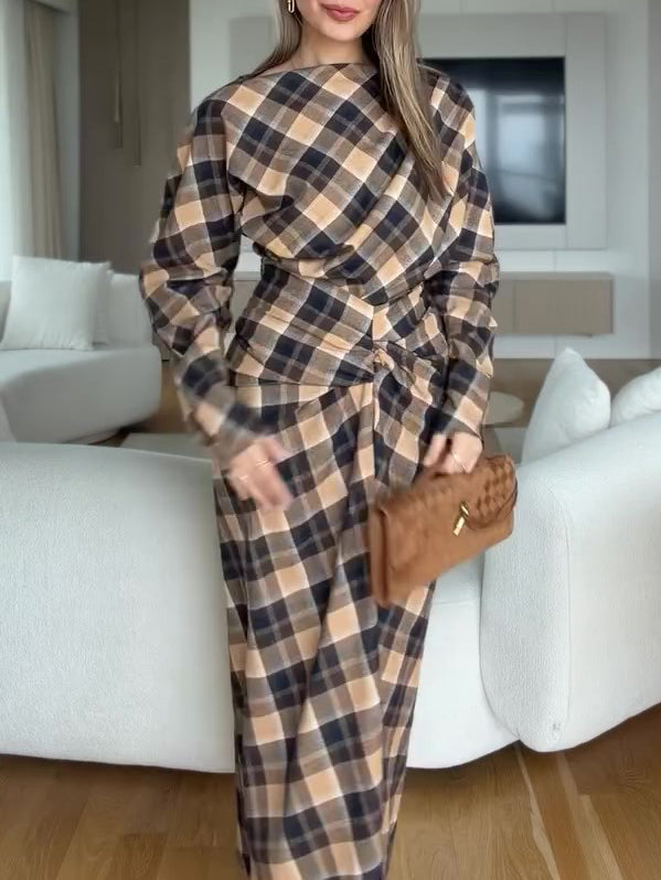 Brown-Black Plaid Twist Front Ruched Waist Long Sleeve Maxi Dress