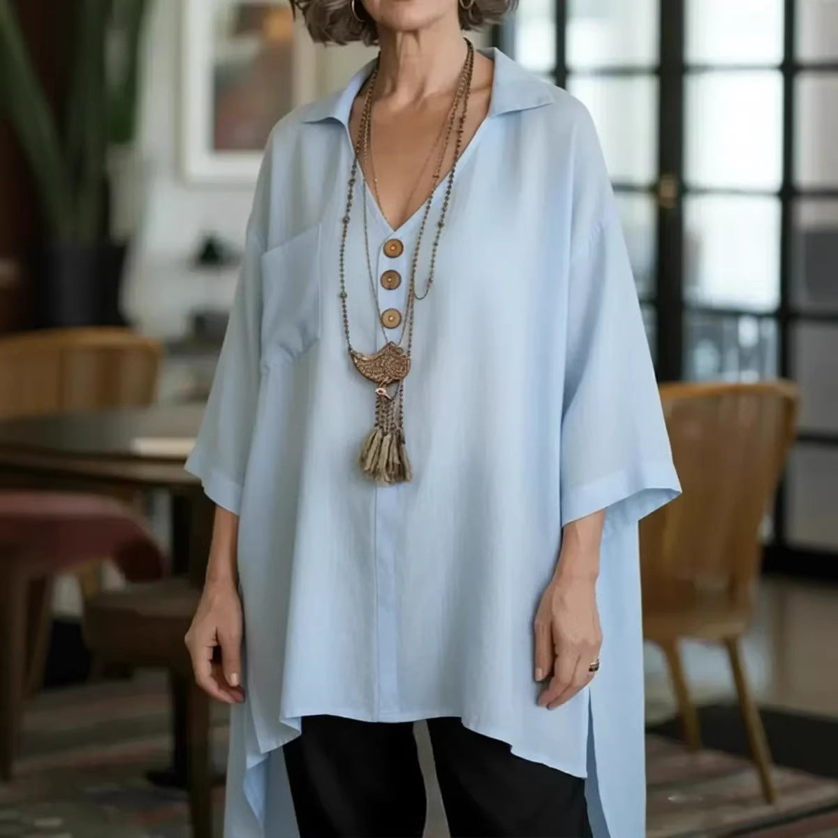 Loose-fit Cotton-linen Top With Buttons For Women