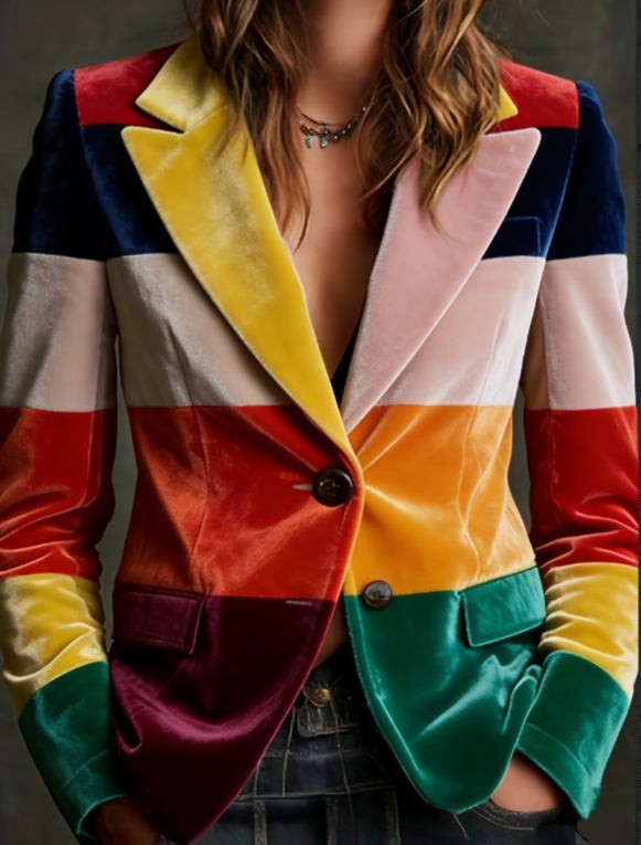 Women's American Retro Color Block Patchwork Lapel Long Sleeve Slim Fit Blazer