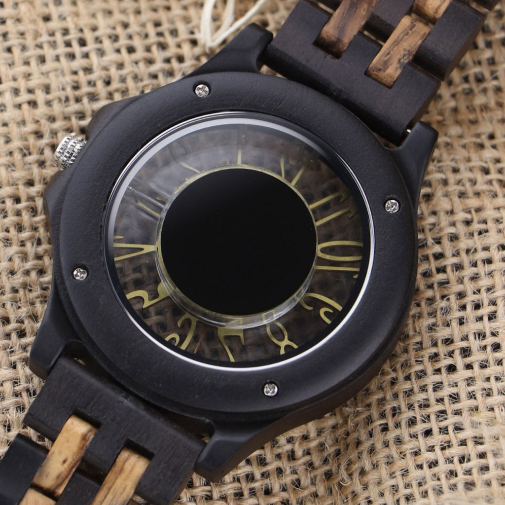 Engraved Walnut Wood Leather-Strap Quartz Watch