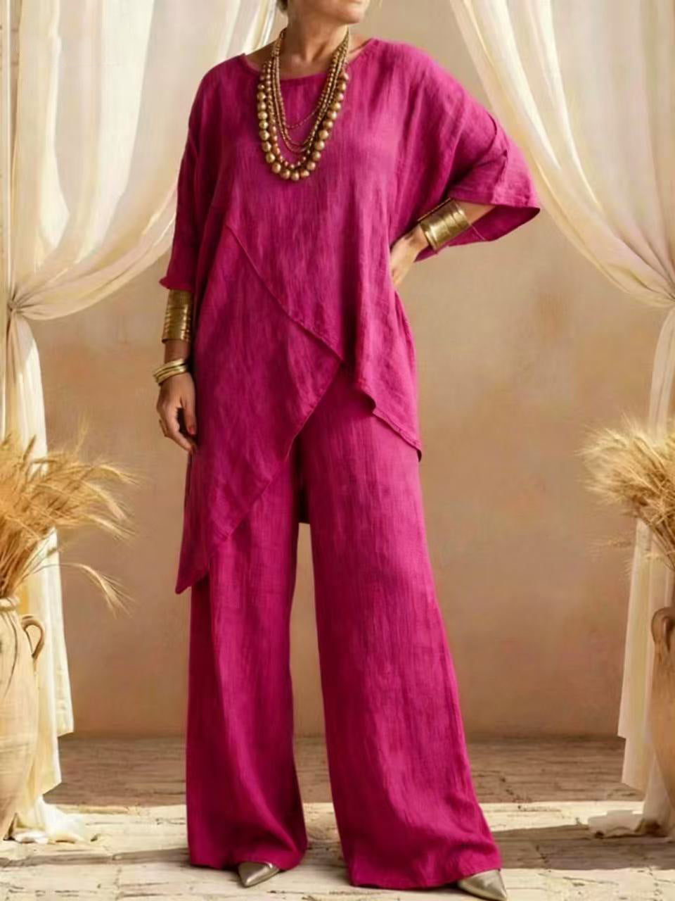 Womens Cotton-linen Crew-neck Loose Casual Two-piece Set