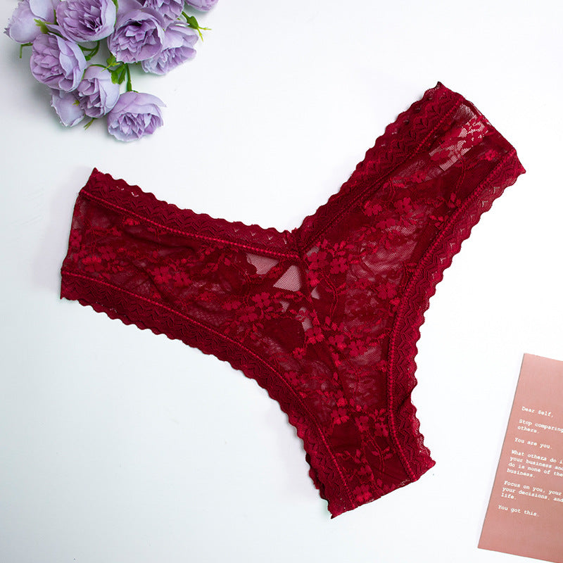 Womens Solid-Color Cotton Mid-Rise Lace Seamless Underwear With Cross-Tie Straps