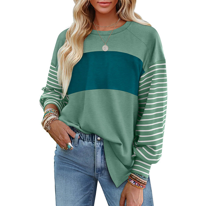Pullover Crewneck Striped Casual Contrast-color Long-sleeve Top