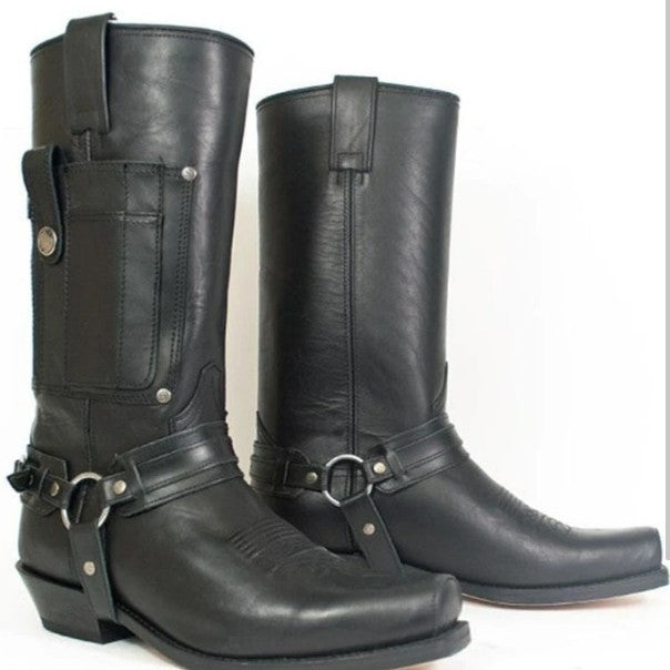 Embroidered Knight High-Heel Leather Mens Boots