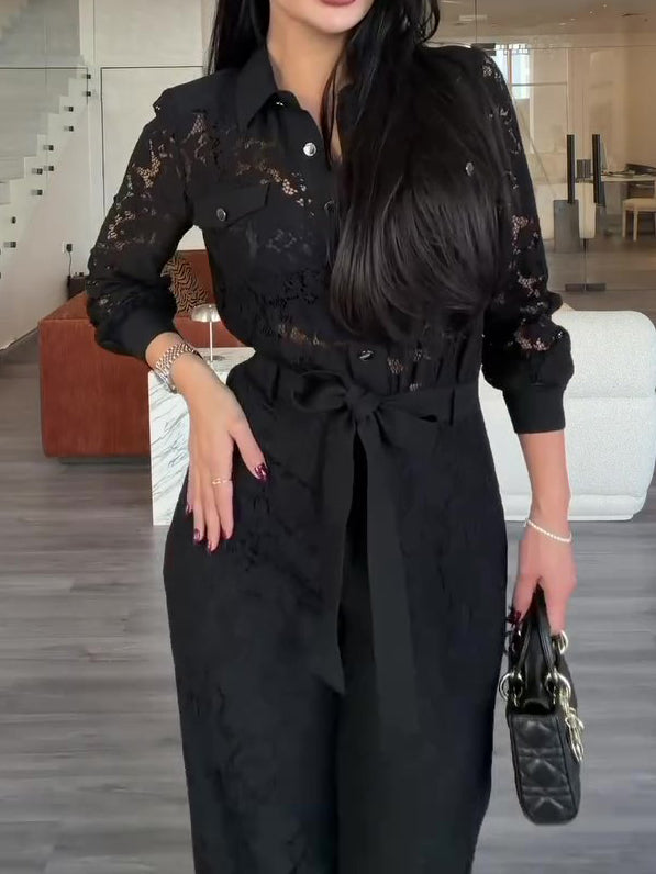 Black Lace Collared Long Sleeve Tie-Waist Wide-Leg Jumpsuit