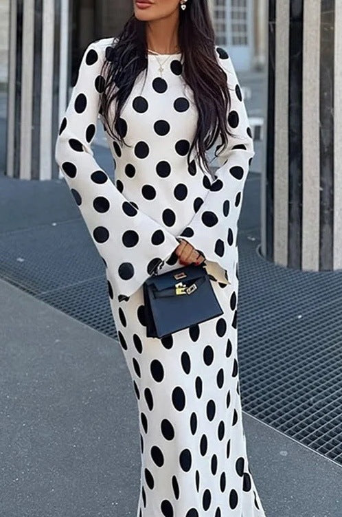 Polka-dot Round-neck Long-sleeve Flared-sleeve Dress