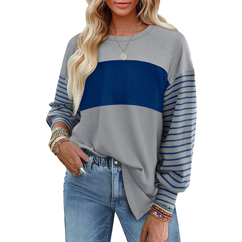 Pullover Crewneck Striped Casual Contrast-color Long-sleeve Top