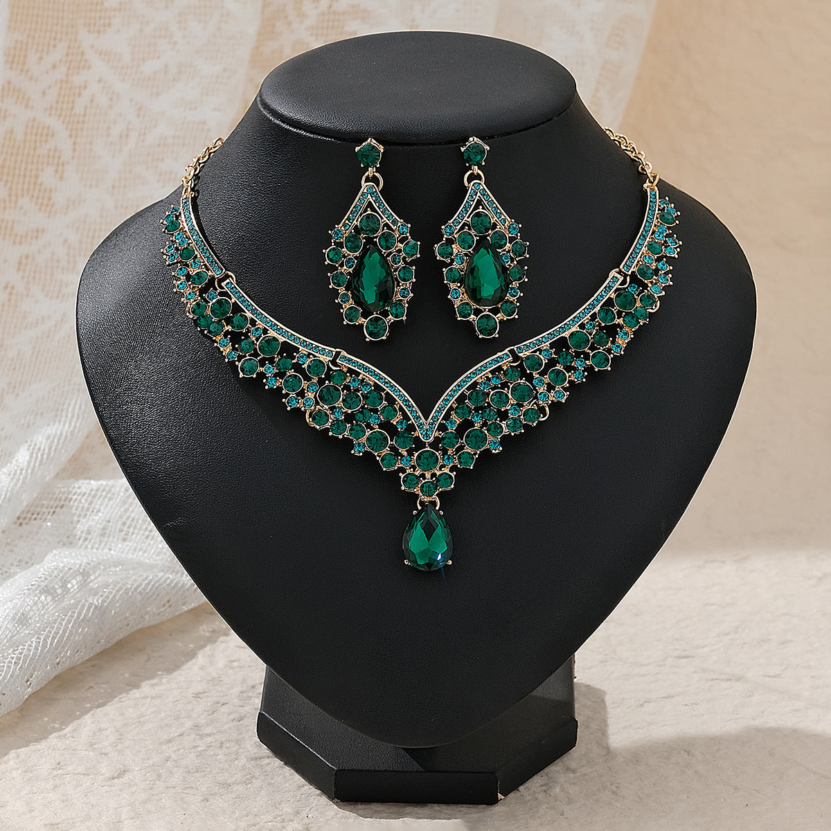 Rhinestone Pearl Earrings And Necklace Set Women