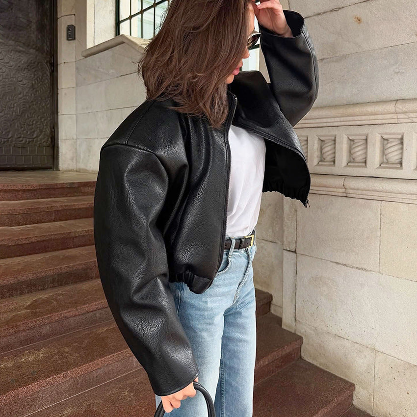 Black Loose-fitting PU Leather Jacket