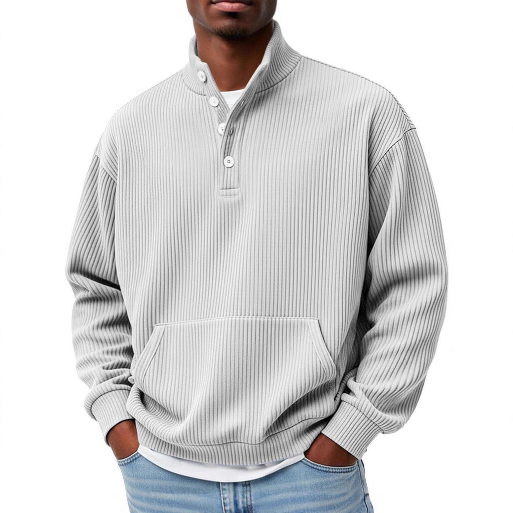 Mens Solid-Color Turtleneck Casual Long-Sleeve Polo Sweatshirt With Pockets For Men Spring Autumn Clothing Loose Button Polo Collar Tees Tops Man Outwear