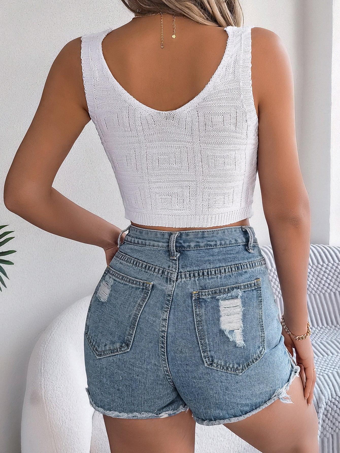 Solid Color Tie Front Knit Crop Top - Vacation Blouse