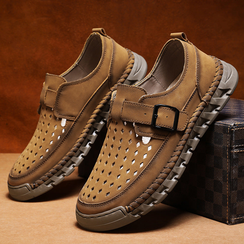 Mens Breathable Stitched Plus-Size Casual Leather Shoes