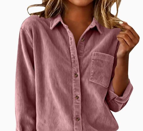 Corduroy Casual Loose Thick Shirt With Striped Turn-Down Collar And Long Sleeves