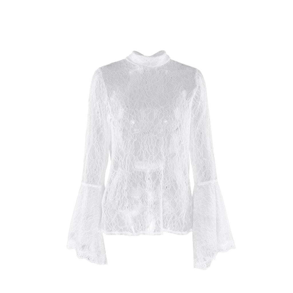 Sexy Lace Ruffle-sleeve Flowy-neckline Blouse