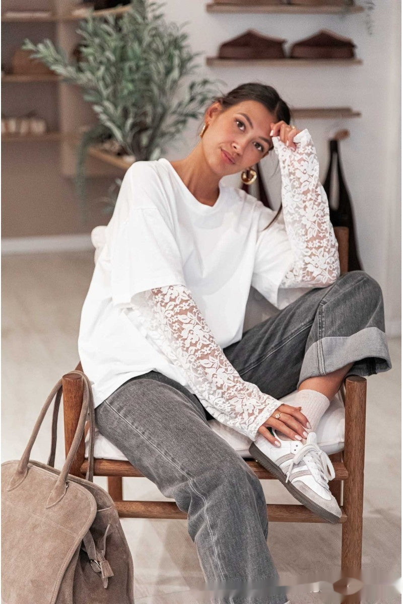 Casual Comfortable And Stylish Lace-panelled Long-sleeve For Commuting