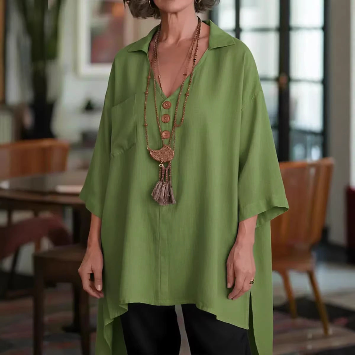 Loose-fit Cotton-linen Top With Buttons For Women