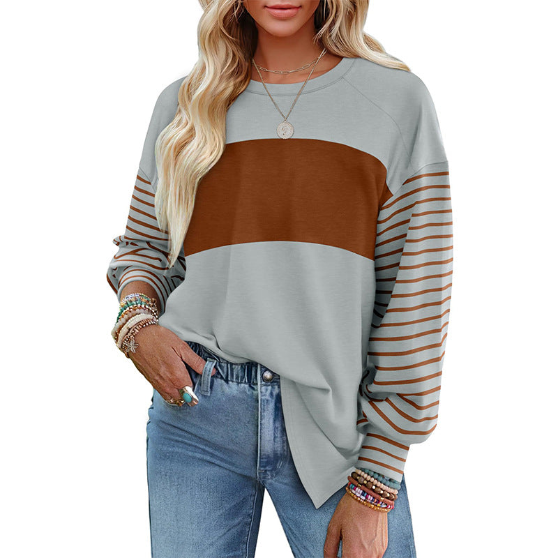 Pullover Crewneck Striped Casual Contrast-color Long-sleeve Top