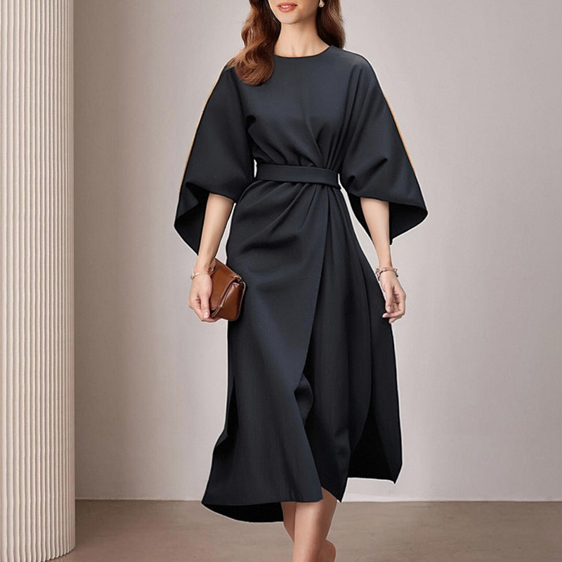 Fashionable Casual Everyday Commuter Solid-color Crew-neck Lace-up Dress