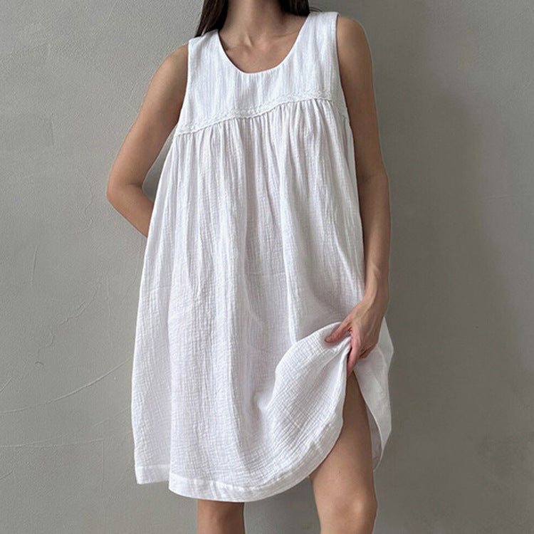 Casual White Tank Dress Cotton Crinkle Fabric Sleeveless & Loose-fitting Dress