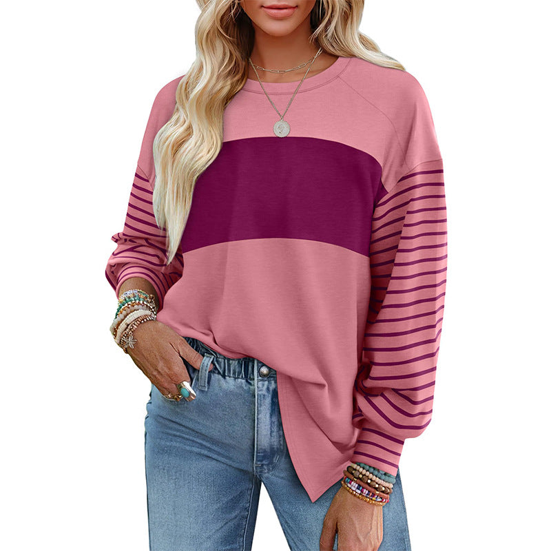 Pullover Crewneck Striped Casual Contrast-color Long-sleeve Top