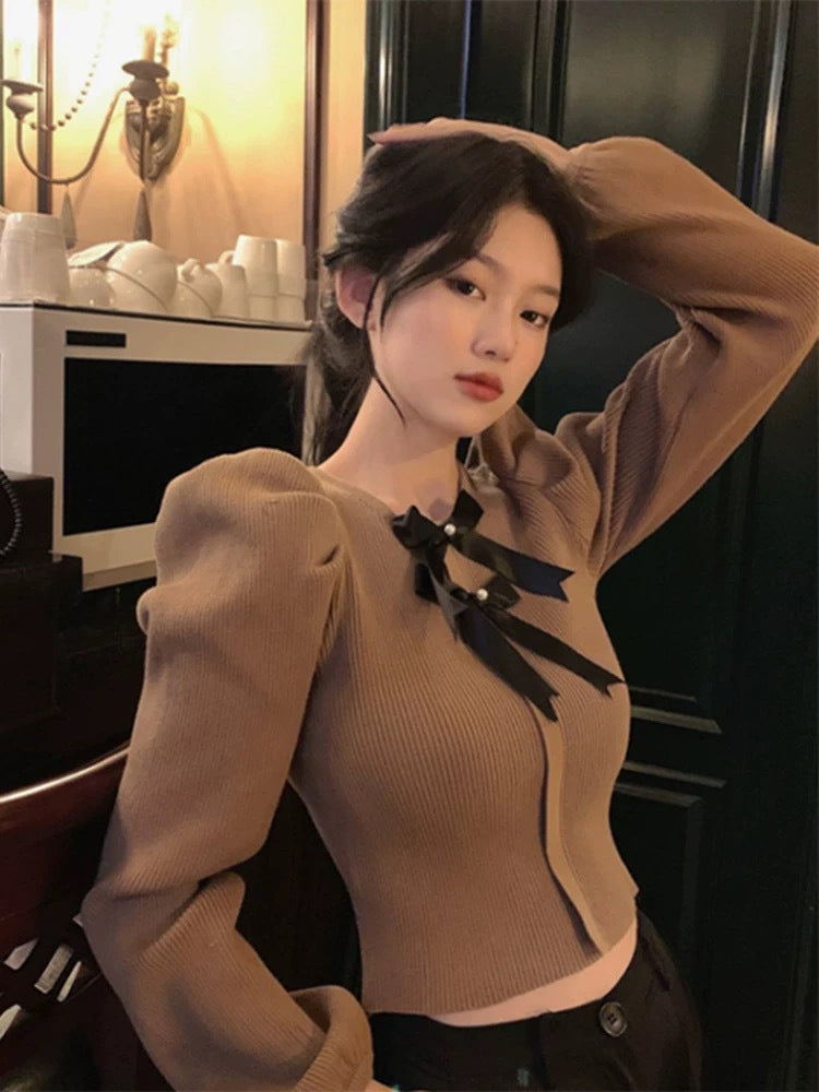 French Chic Crew-Neck Top With Bow Detail Pullover Style