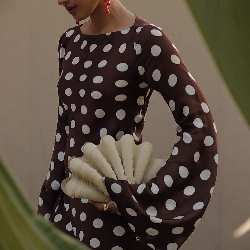 Polka-dot Round-neck Long-sleeve Flared-sleeve Dress